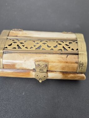 Vintage Brass and Camel Bone Trinket Box - Natural Brown